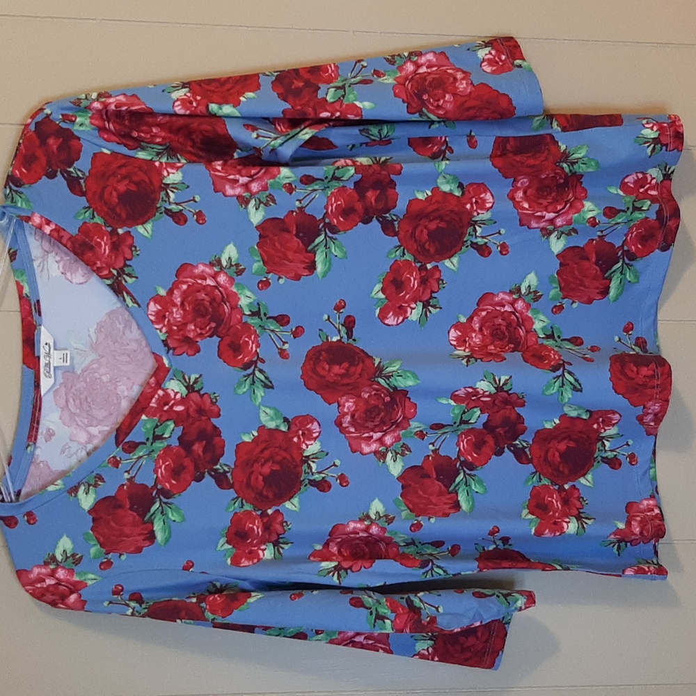 The Pioneer Woman Blue Floral V-Neck Top with Red Rose Print